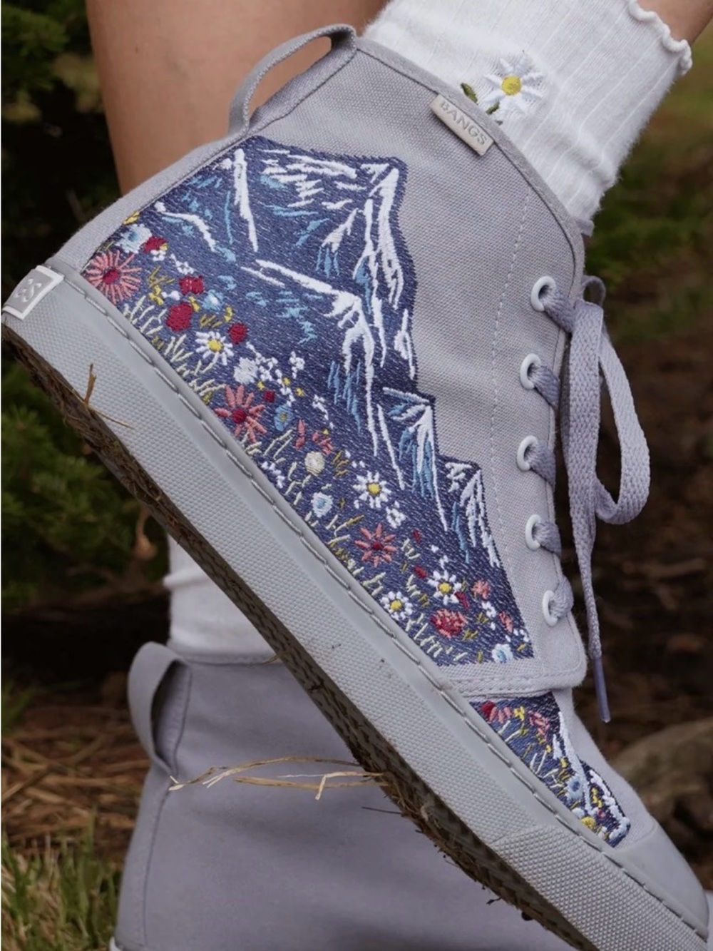 Bangs High-Top Canvas Sneakers with Mountain & Floral Embroidery
